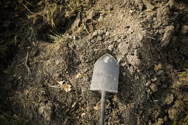 Yüzeyin sığ derinliği (seçici odak) görüntüsü bir parça tarımsal toprak üzerinde metal kürek ile.