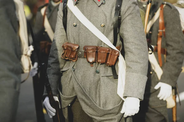 Detalhes Com Uniformes Armas Dos Reencenadores Primeira Guerra Mundial — Fotografia de Stock