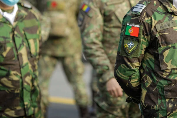 Бухарест Румунія Грудня 2021 Подробиці Прапором Уніформою Португальського Офіцера Військовому — стокове фото