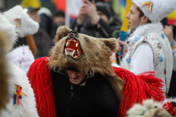 Бухарест Румыния Декабря 2021 Года Группа Людей Носит Медвежьи Меха — стоковое фото