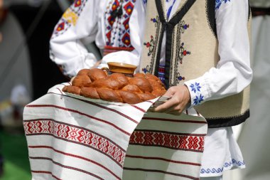 Romanya 'da geleneksel karşılama töreni, karşılama ve dostluğun bir simgesi olan ekmek ve tuzla sığ alan derinliği (seçici odak) ayrıntıları.