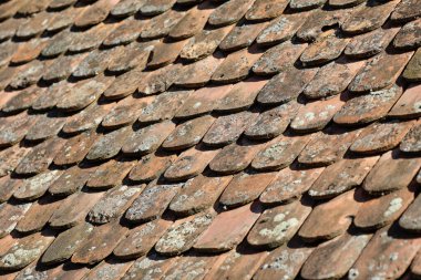 Transilvanya 'nın geleneksel sakson kil kiremitlerinin yüzeysel derinliği (seçici odak) ayrıntıları.