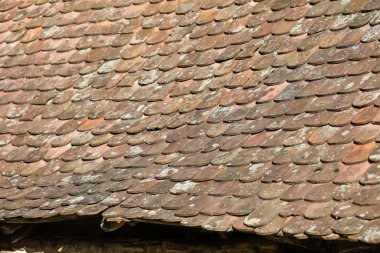 Transilvanya 'nın geleneksel sakson kil kiremitlerinin yüzeysel derinliği (seçici odak) ayrıntıları.