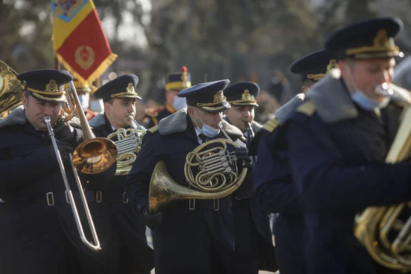 Bükreş Romanya Ocak 2022 Romen Askeri Bandosu Bir Törende Çalıyor — Stok fotoğraf
