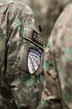 Bükreş, Romanya - 28 Nisan 2022: Romen askeri NATO kol bandıyla (brassard, kolluk, kolluk) sığ alan detayları).