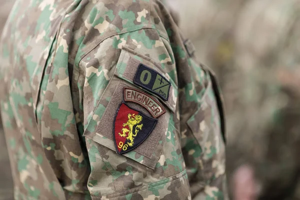 罗马尼亚布加勒斯特 2022年4月28日 与一名罗马尼亚士兵工程师臂章 Brassard Armlet 的浅层战地细节 — 图库照片