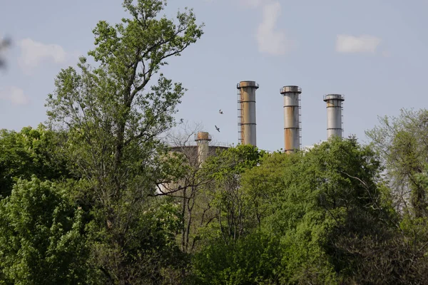 Wieże Przemysłowe Pobliżu Ogrodu Botanicznego Bukaresztu Słoneczny Wiosenny Dzień — Zdjęcie stockowe
