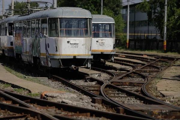 Boekarest Roemenië Juni 2022 Oude Trams Een Tramdepot Tijdens Een — Stockfoto