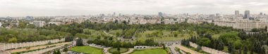 Bucharest, Romania - September 6, 2022: Panorama made from multiple images with Bucharest as seen from the Palace of Parliament, the Izvor Park side.