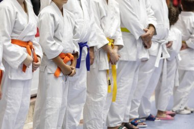 Hem çocuk hem de yetişkin dövüş sanatları öğrencilerinin özel giysileriyle sığ alan derinliği (seçici odak) ayrıntıları).