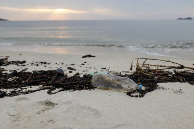 Plastik ve odun atıkları, bulutlu bir yaz sabahında güçlü bir fırtınanın ardından Thassos 'taki Golden Beach' te kıyıya vurdu..