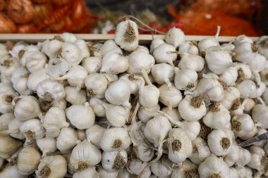 Avrupa 'da bir çiftçi pazarında kurumuş sarımsakla sığ alan derinliği (seçici odak) ayrıntıları.