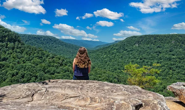 Νεαρή Κοπέλα Απολαμβάνοντας Θέα Του Βουνού Από Φωλιά Του Buzzard — Φωτογραφία Αρχείου