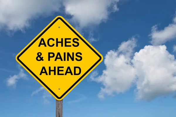 Aches Pains Ahead Caution Sign Blue Sky Background — Stock Photo, Image