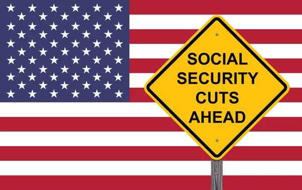 Segurança Social Corta Frente Sinal Precaução Fundo Bandeira — Fotografia de Stock