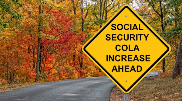 Social Security Cola Increase Ahead Caution Sign Autumn Background — Stock Photo, Image