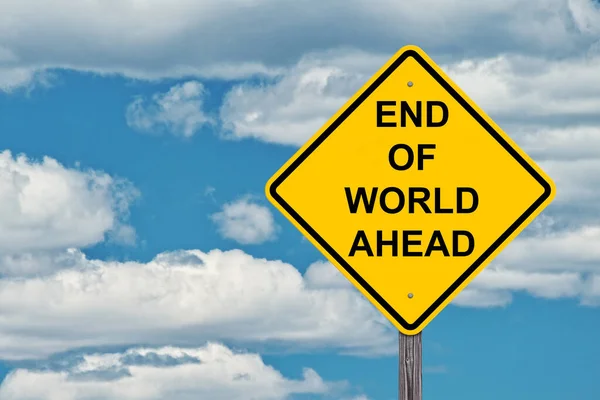 End World Caution Sign Blue Sky Background — Stockfoto