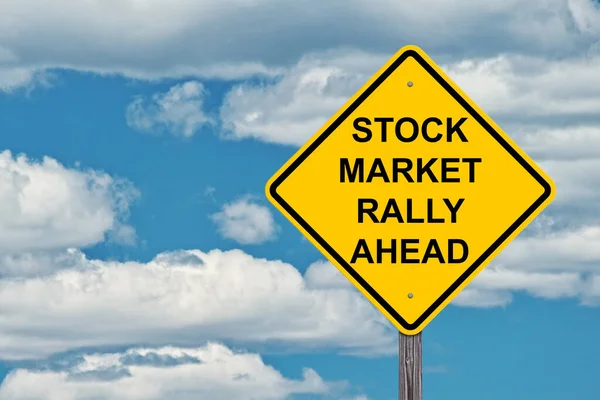 Stock Market Rally Ahead Caution Sign Blue Sky Background — 스톡 사진