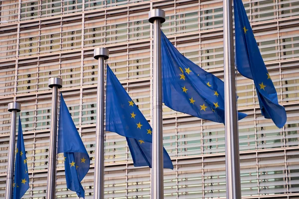 European Union Flags Waving Front European Commission Building Brussels — Foto de Stock