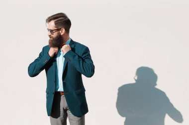 Stylish man with beard wearing a jacket, shirt and bow tie on a sunny day