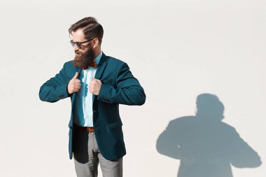 Stylish man with beard wearing a jacket, shirt and bow tie on a sunny day