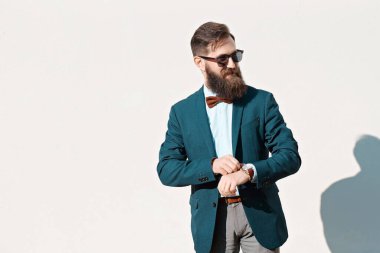 Stylish man with beard wearing a jacket, shirt and bow tie on a sunny day