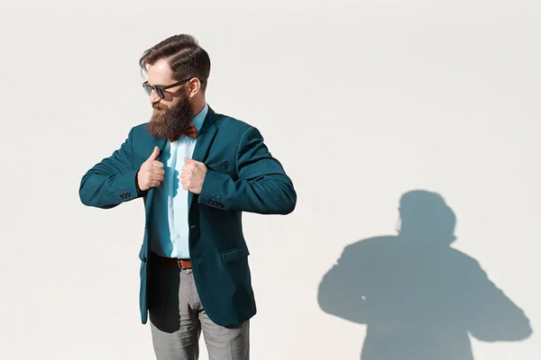 Stylish Man Beard Wearing Jacket Shirt Bow Tie Sunny Day — Stockfoto