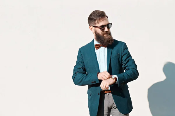 Stylish Man Beard Wearing Jacket Shirt Bow Tie Sunny Day — Stockfoto