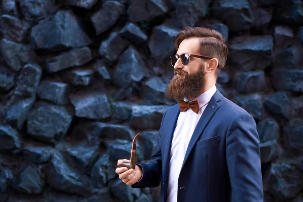 Stylish Man Beard Wearing Jacket Shirt Bow Tie Smoking Pipe — Stockfoto