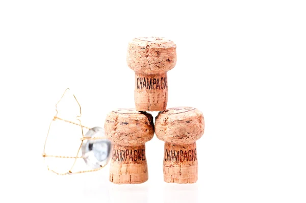 Drie champagne kurken gestapeld met draad GLB close-up — Stockfoto