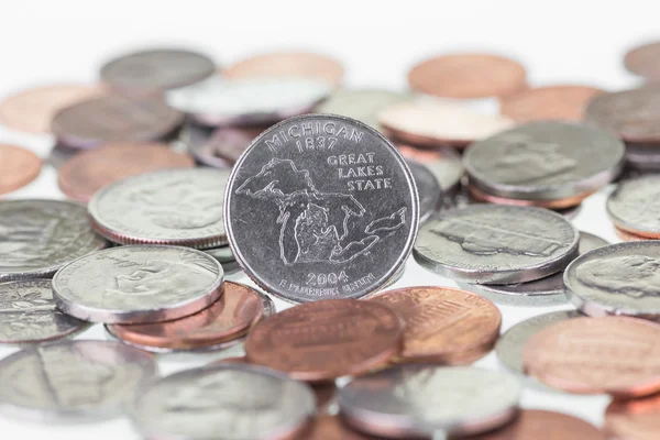 Michigan state kwartaal met andere munten extreme dicht omhoog — Stockfoto