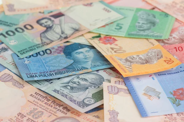 Asian currencies close up of India, Indonesia and Malaysia — Stock Photo, Image