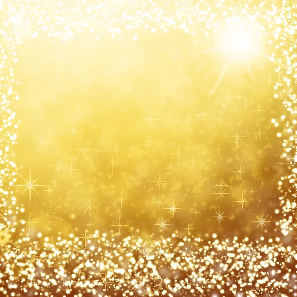 Gold Weihnachten Hintergrund Textrahmen mit weißen Sternen, Schneeflocken, Funkeln und Kopierraum für Text — Stockfoto