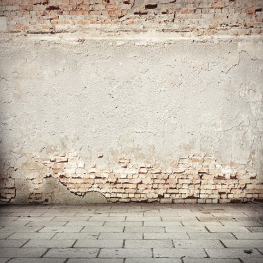 Grunge arka plan, kırmızı tuğla duvar dokusu parlak alçı duvar ve bloklar yol kaldırım kavram veya projenize dış kentsel arka plan terk.