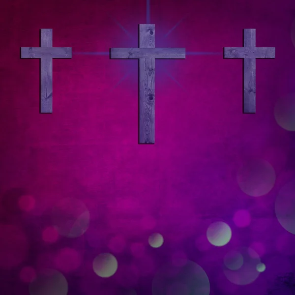 Tres cruces en el fondo abstracto violeta, símbolos cristianos como fondo de resurrección — Foto de Stock