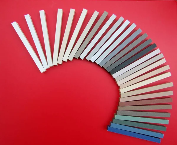 Grout Plastic Sample Sticks Different Colors Red Background Abstract Layout — Stok Foto