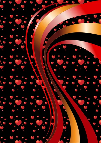 Curvas brillantes sobre un fondo negro con corazones — Vector de stock