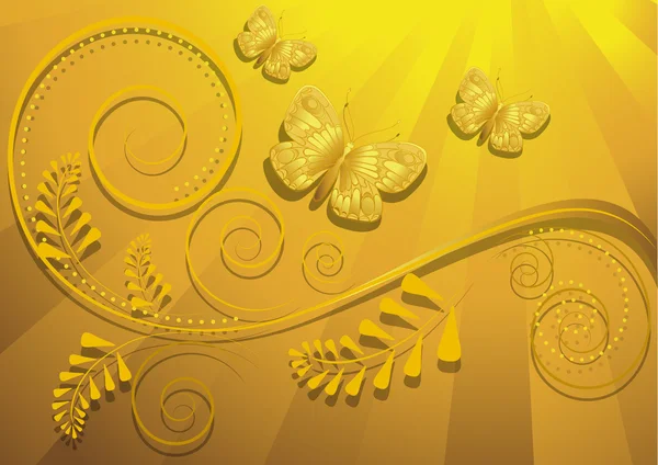 Borboleta dourada sobre fundo amarelo radiante — Vetor de Stock
