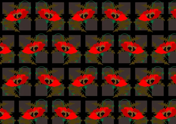 黑色无缝背景上的红色罂粟花 — 图库矢量图片