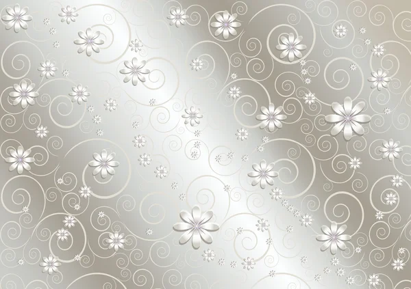 Białe kwiaty i poskręcane linie na jedwabiu szary tło — Wektor stockowy