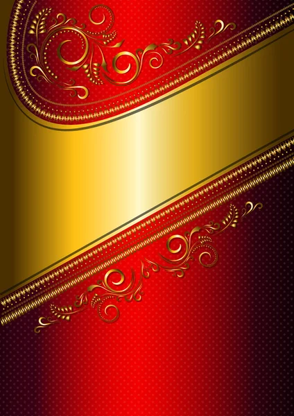 Tarjeta roja festiva con borde dorado y patrón dorado . — Vector de stock