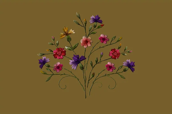 Pattern Embroidery Delicate Bouquet Wildflowers Yellow Purple Cornflowers Violets Red — Stock Fotó