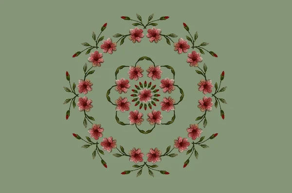 Oval Frame Floral Wreath Embroidery Delicate Pink Red Wild Violets — Fotografia de Stock