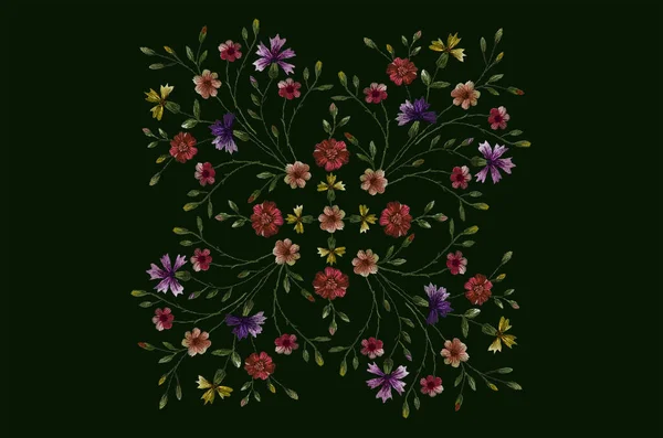 Pattern Embroidery Square Frame Corners Bouquet Delicate Wildflowers Yellow Purple — Zdjęcie stockowe