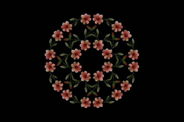 Black Background Pattern Embroidery Frame Delicate Pink Red Wild Violets — Foto de Stock