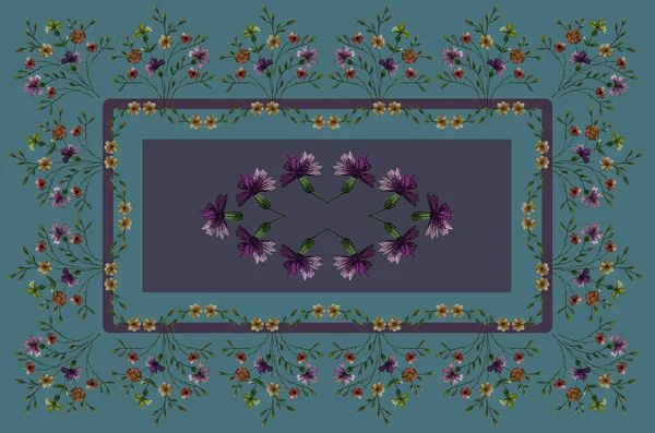 Embroidery Tablecloth Delicate Bouquets Wildflowers Yellow Purple Cornflowers Violets Red — Fotografia de Stock