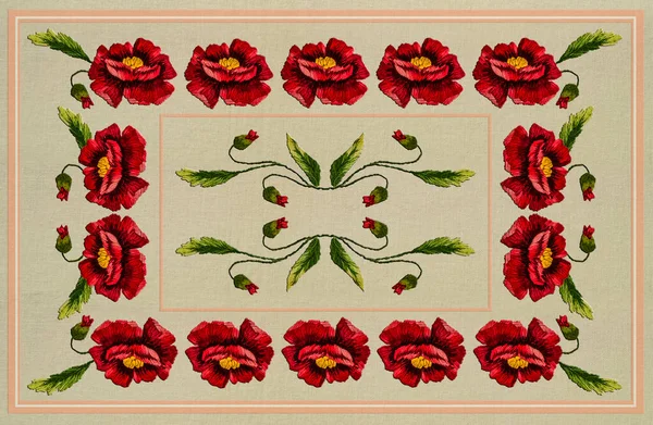 Bavlněná Tkanina Vzorem Pro Vyšívání Velkých Červených Máků Růžovém Obdélníkovém — Stock fotografie