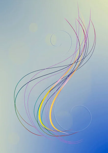 在蓝色和灰色的渐变背景上 有两条波浪形的闪光黄色条纹 有一组紫色和蓝色的细条纹 上面有白色的涡旋 上面有透明的白色圆圈 — 图库照片
