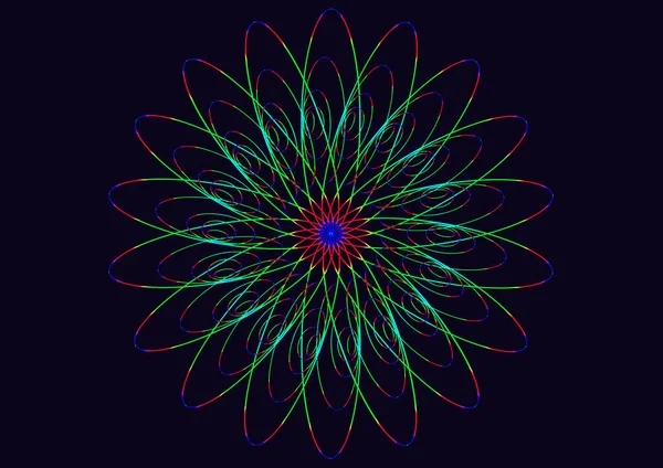 Abstract fractal pattern of thin ovals nested inside each other and covered with a radial green-red and blue gradient,radiating from the center on a dark blue background