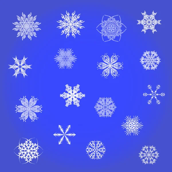 Set of white snowflakes on a dark blue background. — Stock Vector